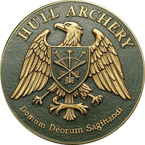 Golden Eagle Award badge with five arrows hitting the yellow target zone, symbolizing excellence and high achievement at Hull Archery Club